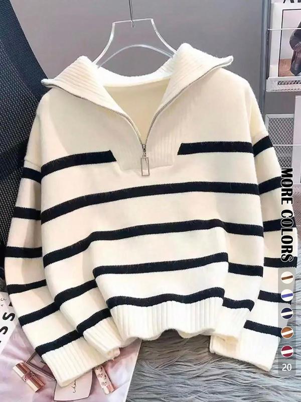 Suéter a rayas para mujer con cremallera y hombros caídos — Jersey casual de manga larga y cuello, ideal para uso diario al aire libre.