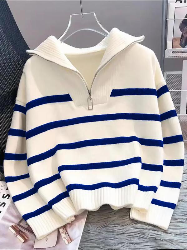 Suéter a rayas para mujer con cremallera y hombros caídos — Jersey casual de manga larga y cuello, ideal para uso diario al aire libre.