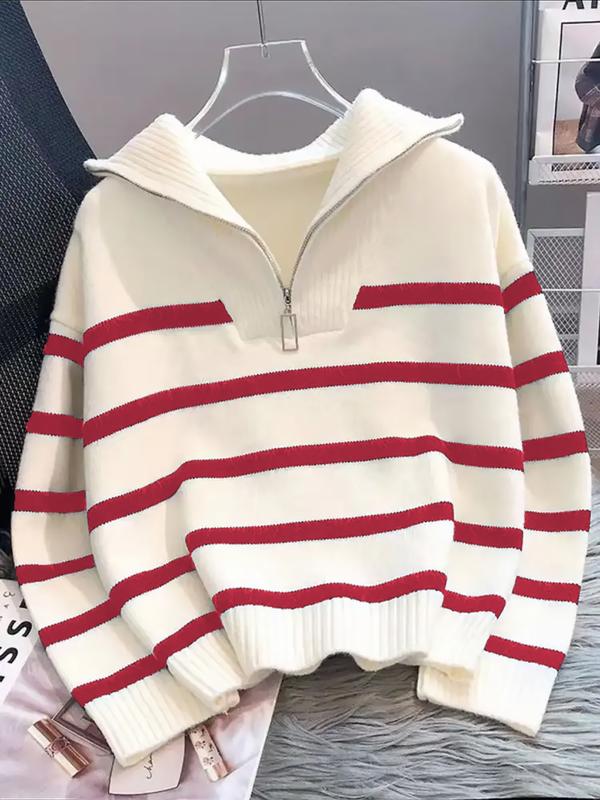 Suéter a rayas para mujer con cremallera y hombros caídos — Jersey casual de manga larga y cuello, ideal para uso diario al aire libre.