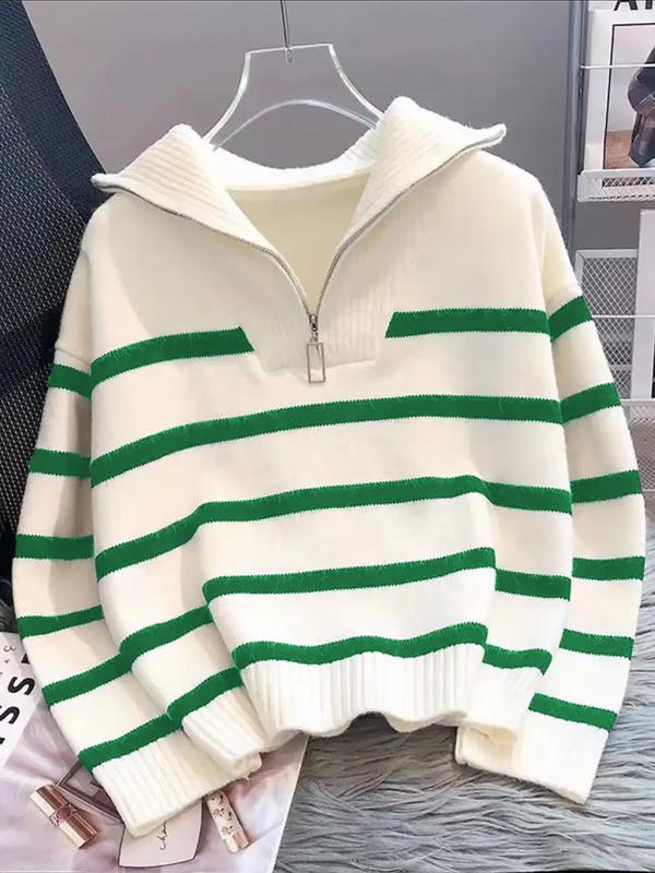 Suéter a rayas para mujer con cremallera y hombros caídos — Jersey casual de manga larga y cuello, ideal para uso diario al aire libre.