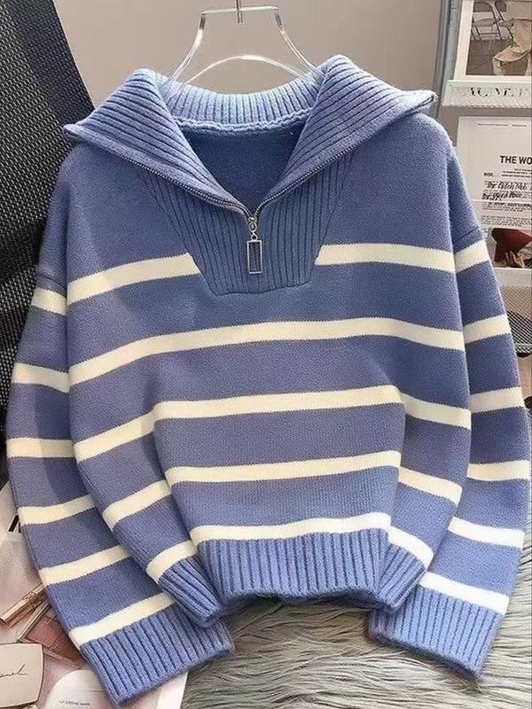 Suéter a rayas para mujer con cremallera y hombros caídos — Jersey casual de manga larga y cuello, ideal para uso diario al aire libre.