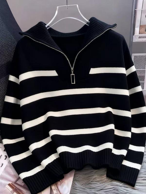 Suéter a rayas para mujer con cremallera y hombros caídos — Jersey casual de manga larga y cuello, ideal para uso diario al aire libre.