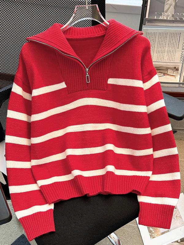 Suéter a rayas para mujer con cremallera y hombros caídos — Jersey casual de manga larga y cuello, ideal para uso diario al aire libre.