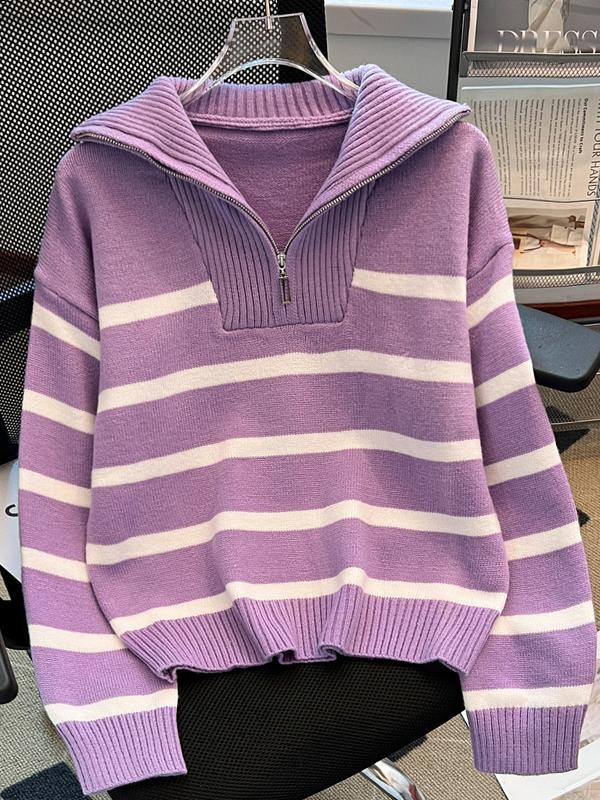 Suéter a rayas para mujer con cremallera y hombros caídos — Jersey casual de manga larga y cuello, ideal para uso diario al aire libre.