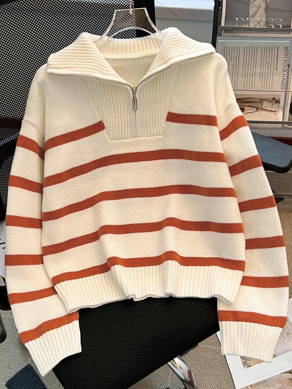 Suéter a rayas para mujer con cremallera y hombros caídos — Jersey casual de manga larga y cuello, ideal para uso diario al aire libre.