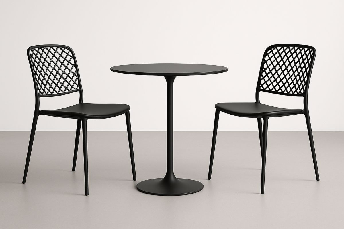 Zestaw mebli ogrodowych: Czarny okrągły metalowy stół i czarne metalowe krzesło