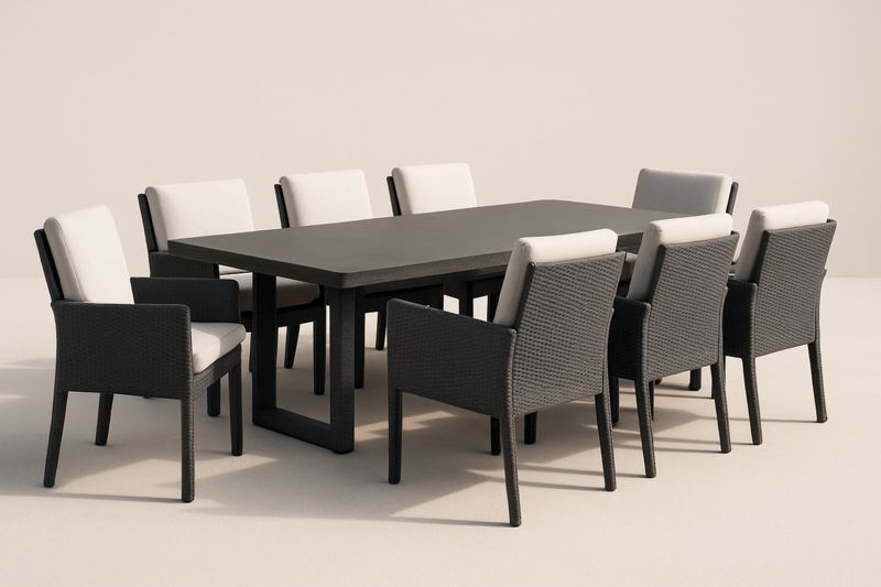 Zestaw jadalniany 8-osobowy stół prostokątny metalowy antracytowy z krzesłami plecionymi