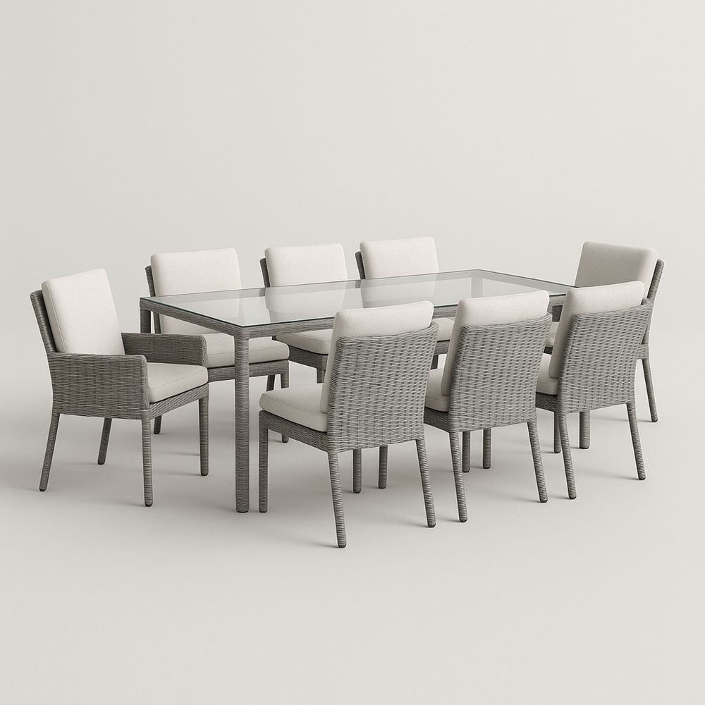 Zestaw mebli z technorattanu z prostokątnym stołem szklanym i 8 krzesłami szary beżowy