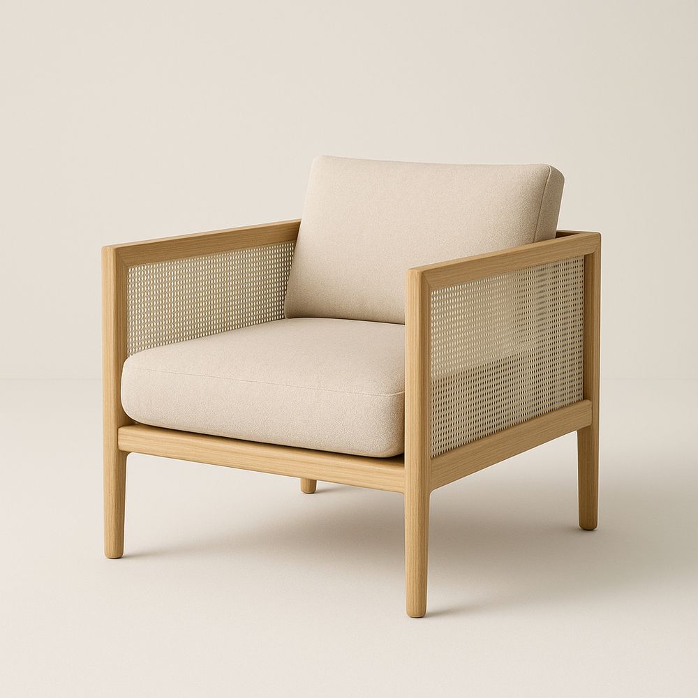 Fotel z litego drewna i rattanu z beżowymi poduszkami