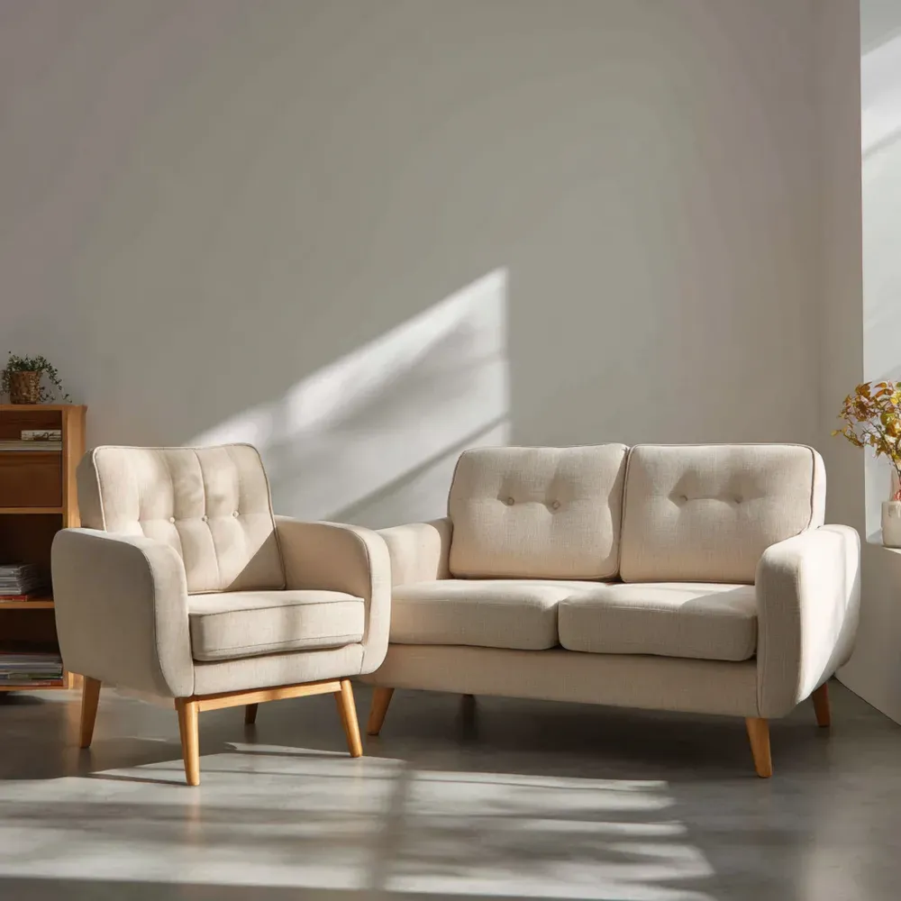 Juego de Sofá y Sillón Tela 150x85x75 cm – Beige Contemporáneo-Norvelico