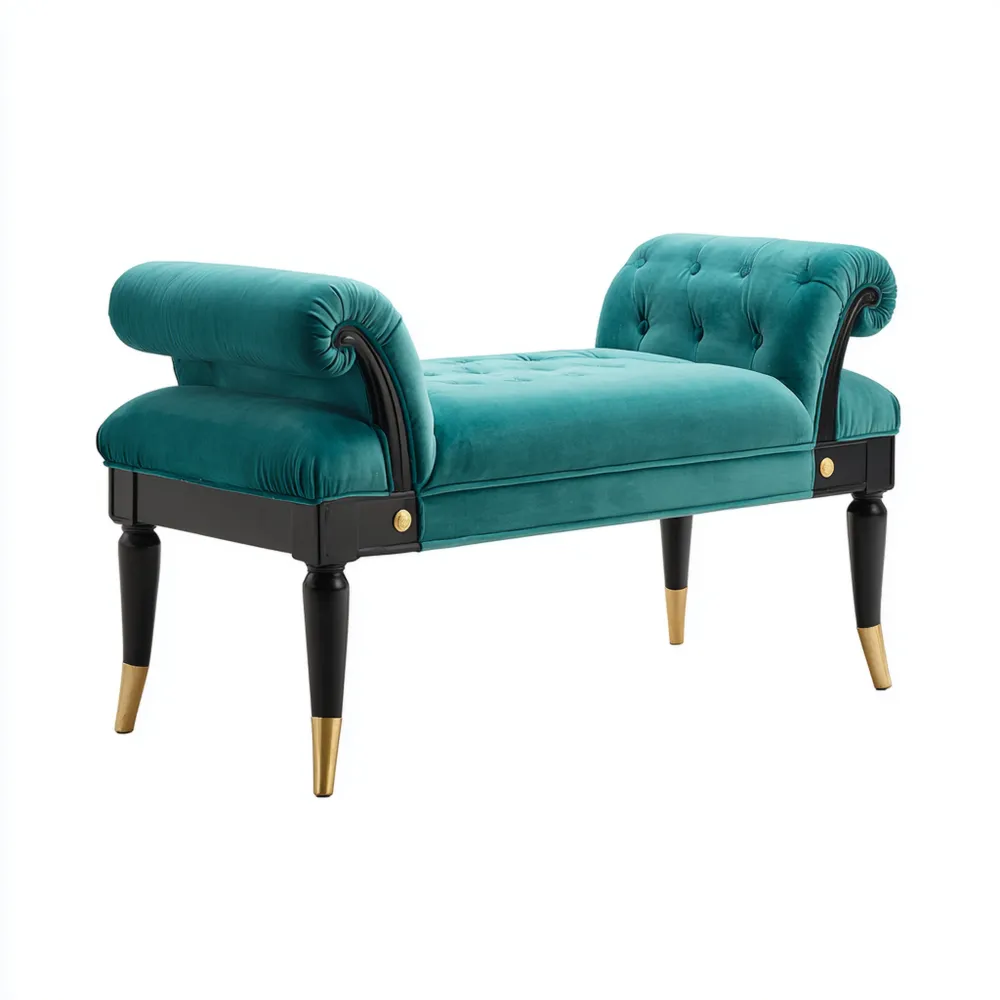 Banco de pie de cama Tapizado en terciopelo 120x40x45 cm - Verde Esmeralda - Diseño clásico-Norvelico