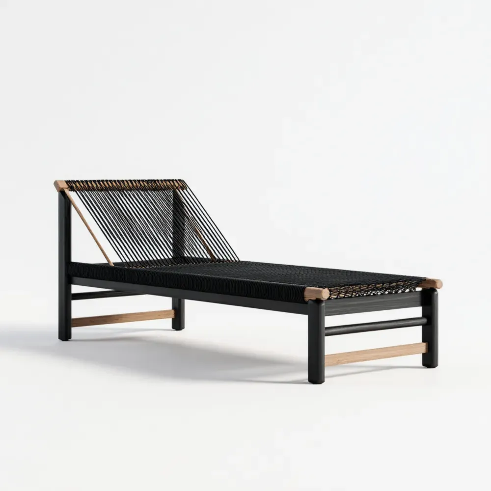 Tumbona de jardín 180x65x40 cm cuerda Negra/Madera – Diseño moderno-Norvelico