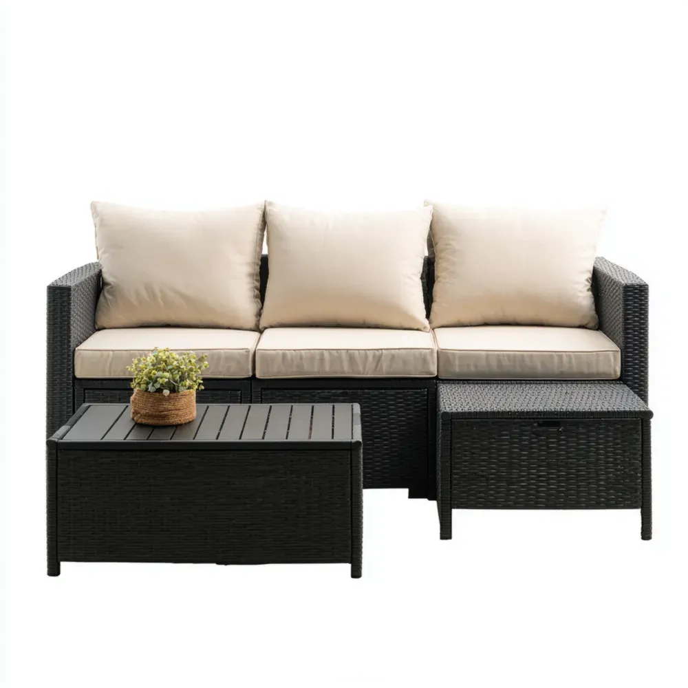Conjunto de Sofá de Jardín Ratán Sintético 200x70x65 cm con Cojines Crema – Diseño Moderno-Quenlivo