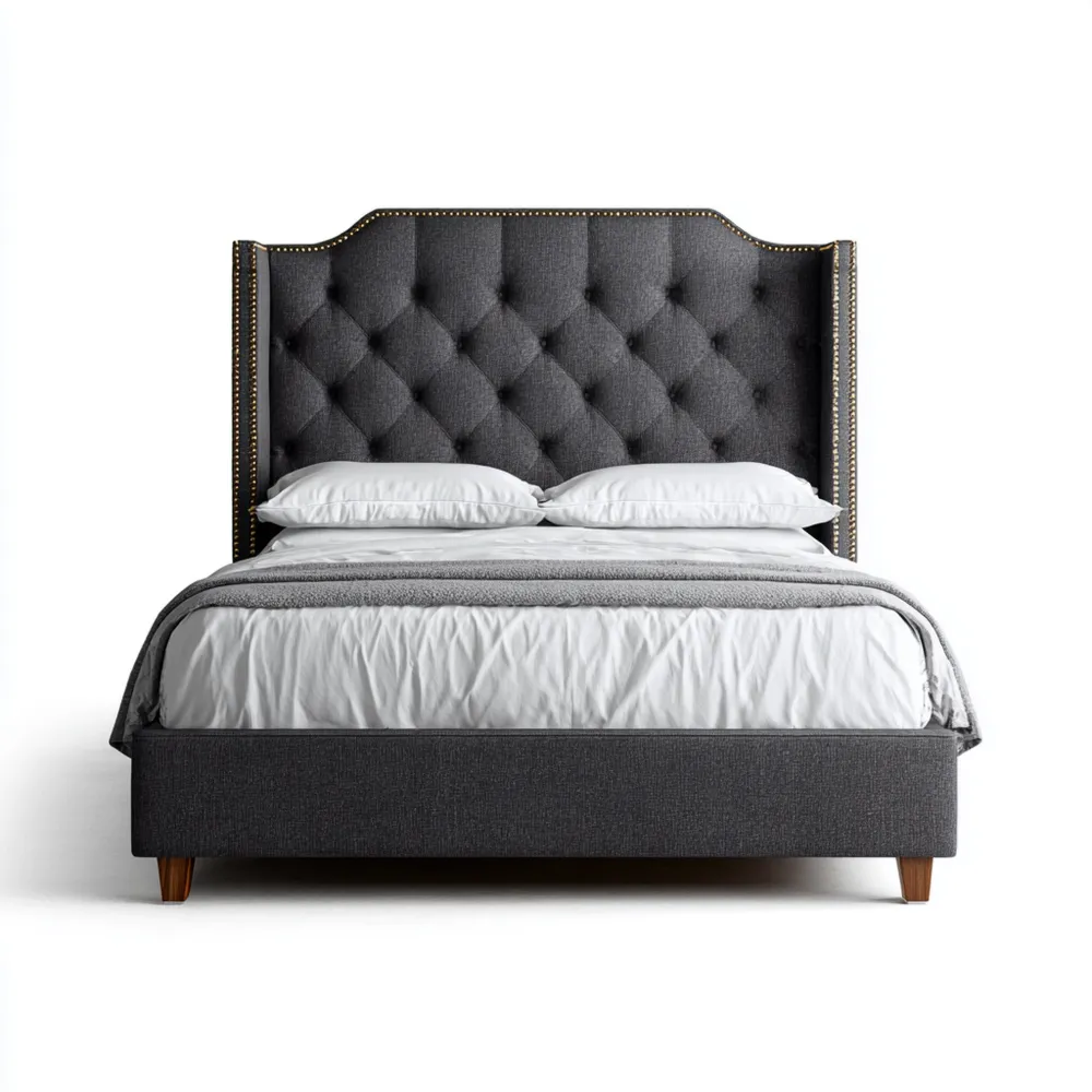Cama Doble Tapizada 200x160x120 cm - Gris Oscuro - Diseño Clásico-Quenlivo