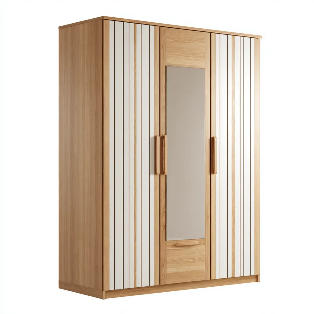 Armario de Madera con Espejo 200x60x220 cm – Blanco/Natural – Diseño Contemporáneo-Mavenzio