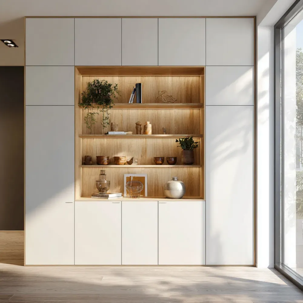 Armario de exhibición 150x40x220 cm Madera y Blanco con estanterías integradas – Diseño moderno-Mavenzio