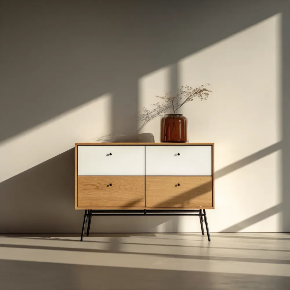 Aparador de Madera y Metal 80x35x90 cm - Blanco/Madera Natural - Diseño Moderno-Mavenzio