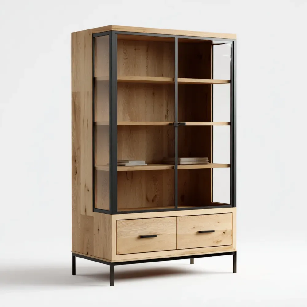 Vitrina de Madera y Metal 100x40x190 cm - Roble Natural - Estilo Industrial-Mavenzio