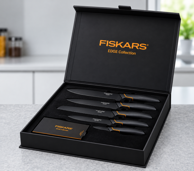 Limitált kiadás: 𝔽𝕀𝕊𝕂𝔸ℝ𝕊® 5 DB-OS KÉSKÉSZLET FISKARS EDGE BLOKKBAN, ÉLES KONYHAKÉS + ÉLEZŐ SZETT