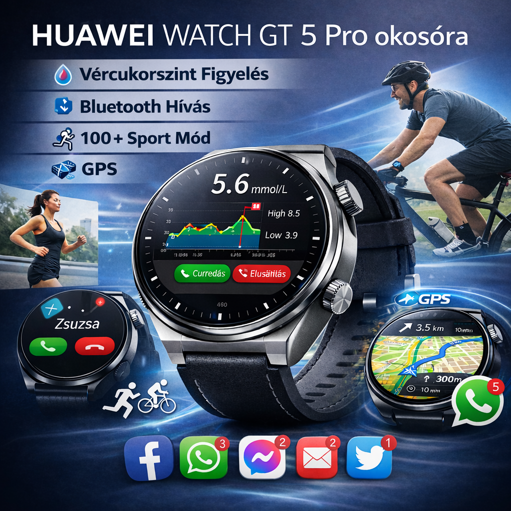 Huawei Watch GT 5 Pro okosóra – Vércukorszint Figyelés, Bluetooth Hívás, 100+ Sport Mód, Szociális App Értesítések, Alkalmazások Letöltése