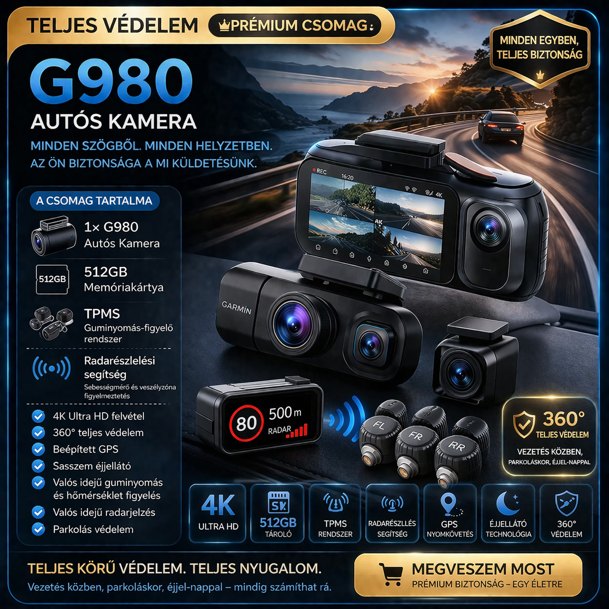 G980 Autós Kamera – 4 Kamerás 360° Védelem, 4K Ultra HD Rögzítés