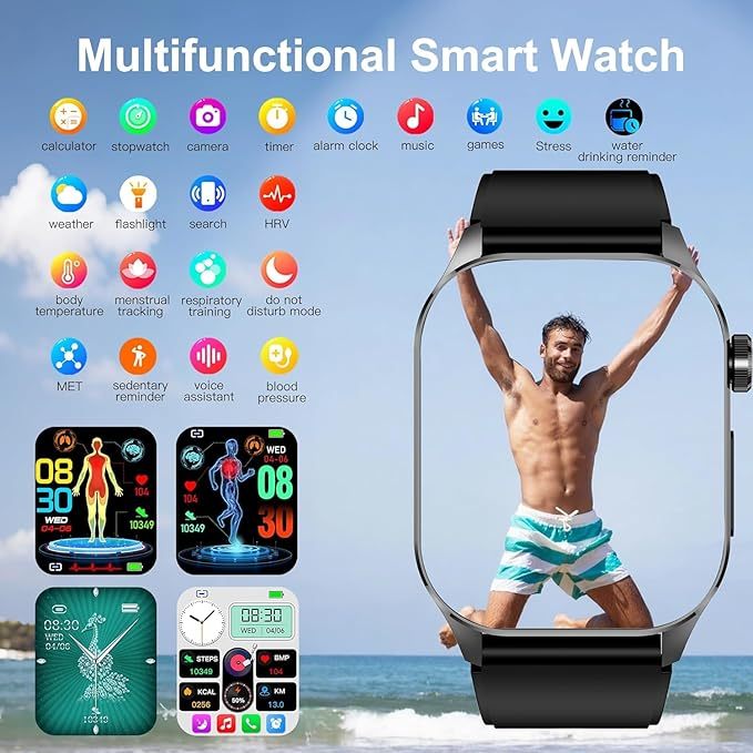 Advanced Health Smartwatch for Women Men with Real-Time Monitoring of Heart Rate, Blood Oxygen, Body Temperature, Blood Pressure, Sleep Auality and Stress Levels.Always-On Display, for Android & iOS