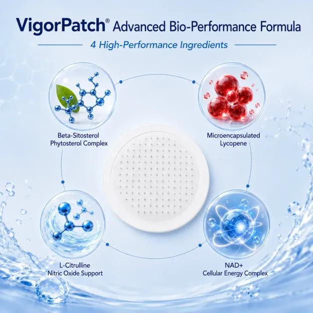 VigorPatch® Advanced Prosztata és Vitalitás Mikrotűs Tapasz, amelyet 25 év feletti férfiak számára terveztek, akik gyakori éjszakai vizeléssel, gyenge vizeletsugárral és alacsony energiaszinttel küzdenek.