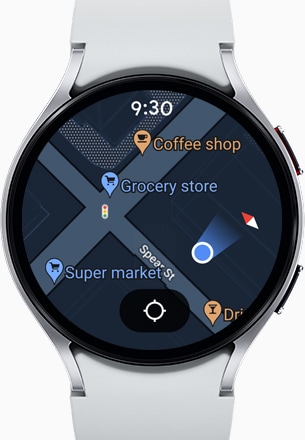 A Galaxy Watch6 a GPS funkci&oacute;t jelen&iacute;ti meg, ami a felhaszn&aacute;l&oacute; tart&oacute;zkod&aacute;si hely&eacute;t mutatja a t&eacute;rk&eacute;pen. A h&aacute;tt&eacute;rben a Watch k&eacute;pernyőn l&aacute;that&oacute; GPS-t&eacute;rk&eacute;phez hasonl&oacute; st&iacute;lus&uacute; t&eacute;rk&eacute;p l&aacute;that&oacute;.