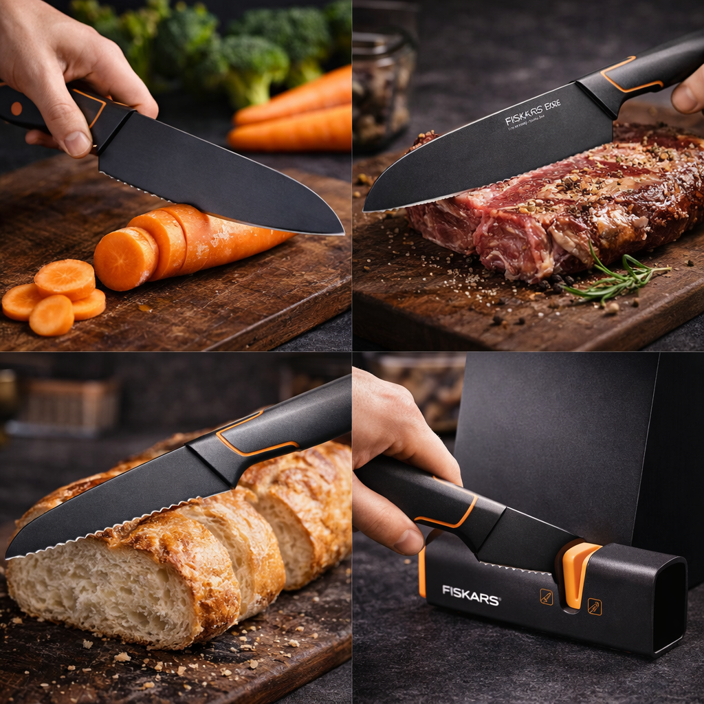 Limitált kiadás: FISKARS® 5 DB-OS KÉSKÉSZLET FISKARS EDGE BLOKKBAN, ÉLES KONYHAKÉS + ÉLEZŐ SZETT