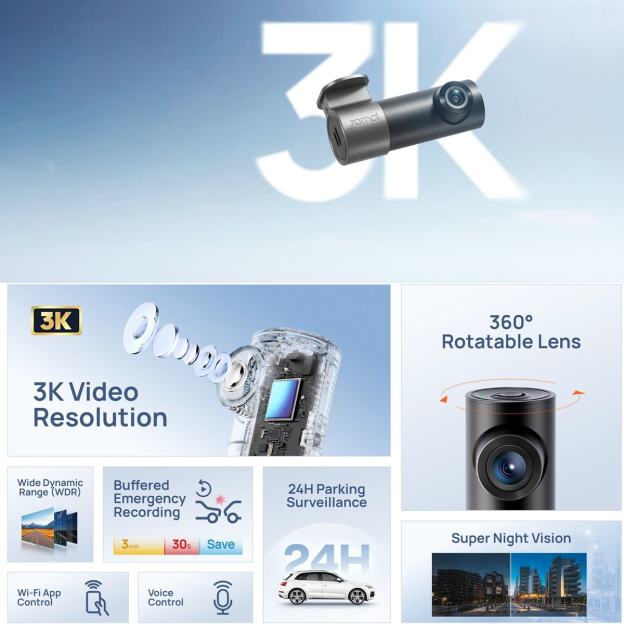 70mai Dash Cam M310 Ultrakompakt videórögzítő, 3K nagyfelbontású kép, Wi-Fi, Betekintési szög 360°, USB Type C