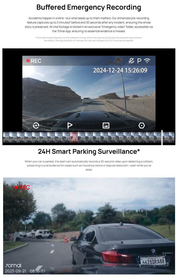 70mai Dash Cam M310 Ultrakompakt videórögzítő, 3K nagyfelbontású kép, Wi-Fi, Betekintési szög 360°, USB Type C