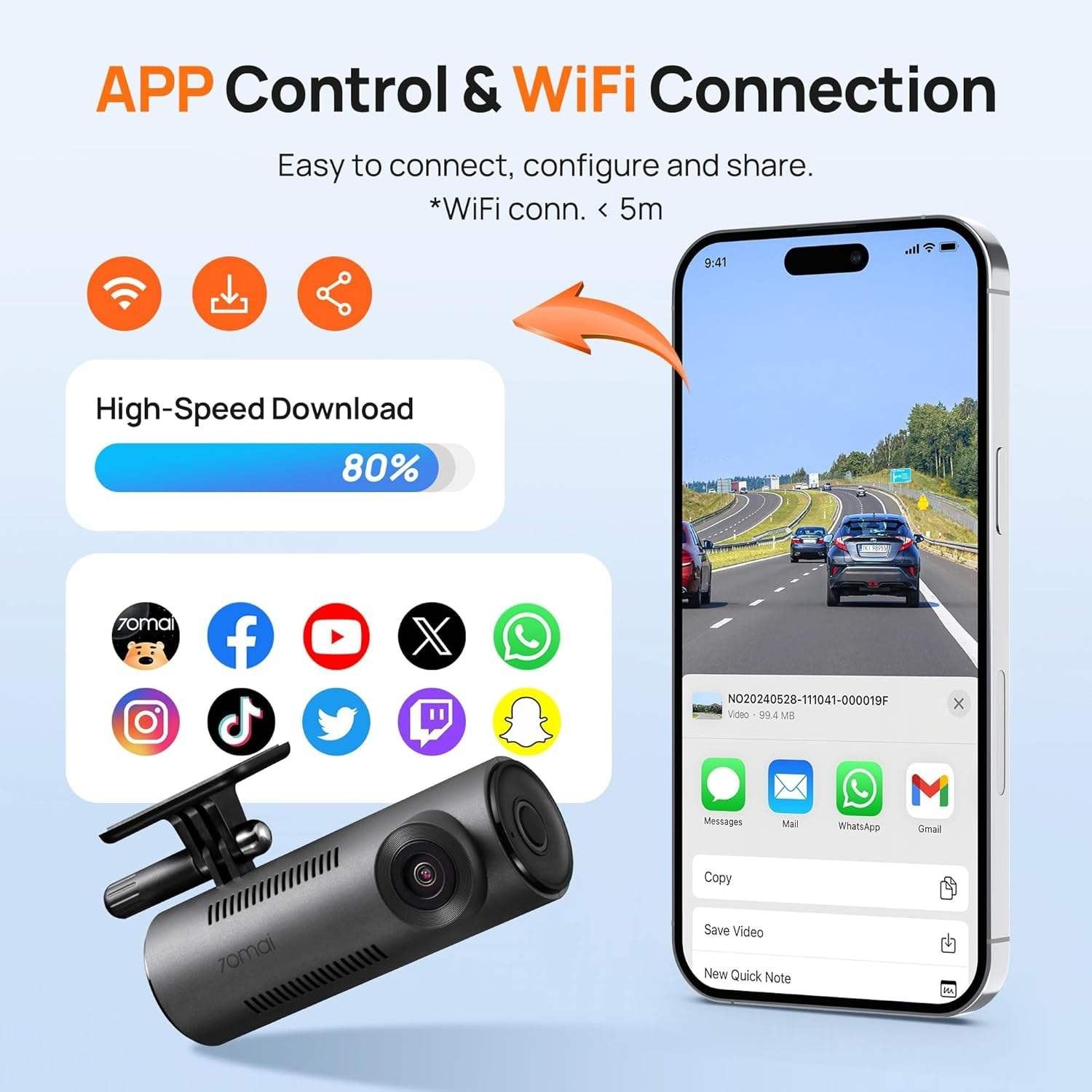 70mai Dash Cam M310 Ultrakompakt videórögzítő, 3K nagyfelbontású kép, Wi-Fi, Betekintési szög 360°, USB Type C