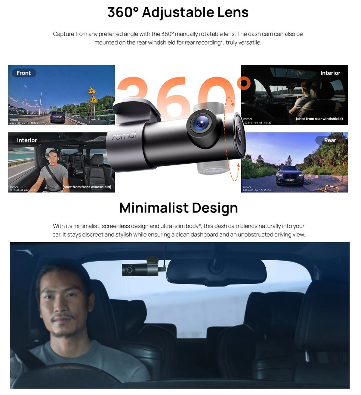 70mai Dash Cam M310 Ultrakompakt videórögzítő, 3K nagyfelbontású kép, Wi-Fi, Betekintési szög 360°, USB Type C