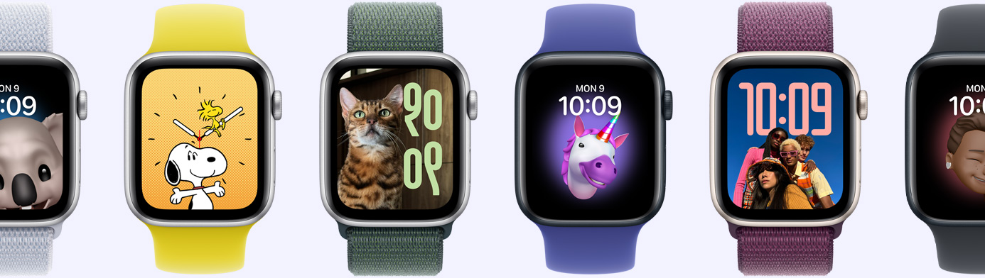 Hat Apple Watch eszk&ouml;z k&uuml;l&ouml;nb&ouml;ző &oacute;ralap-opci&oacute;kkal, k&ouml;zt&uuml;k Memoji, Photos, Portr&eacute; &eacute;s Snoopy