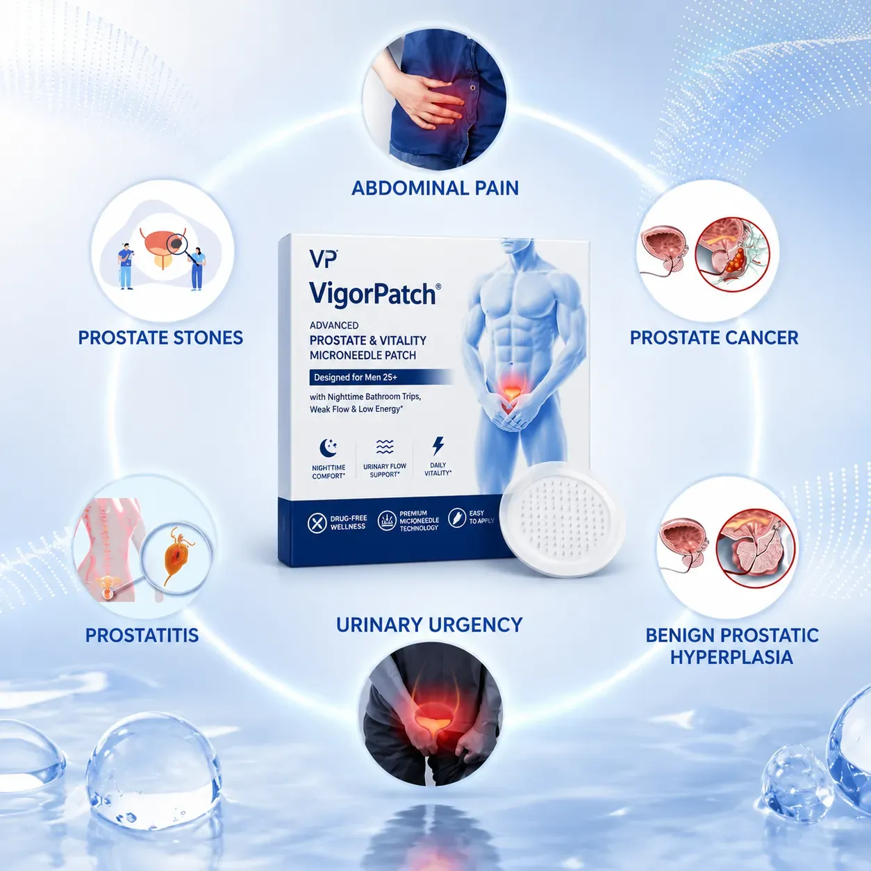 VigorPatch® Advanced Prosztata és Vitalitás Mikrotűs Tapasz, amelyet 25 év feletti férfiak számára terveztek, akik gyakori éjszakai vizeléssel, gyenge vizeletsugárral és alacsony energiaszinttel küzdenek.