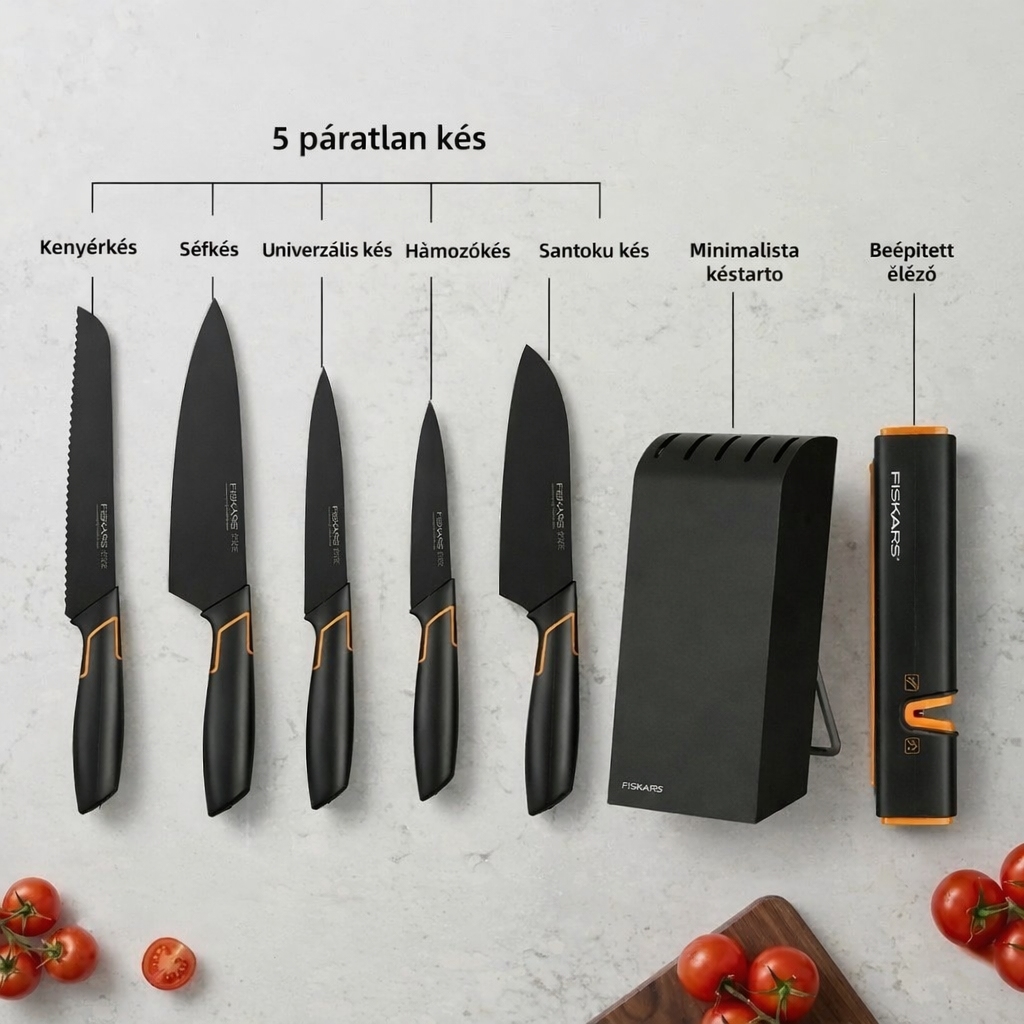Omejena kúria: FISKARS® 5-darabos késes készlet állóval – FISKARS EDGE, konyhakés + tisztító