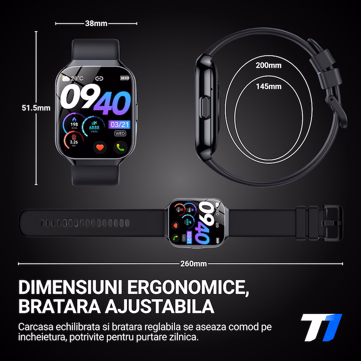 TechONE® VitaSense Pro Férfi Okosóra, 1.96 hüvelykes SUPER AMOLED, Fém, Intelligens, Fitnesz, Sport, HD Bluetooth Hívás, Multisport, Többpontos Pulzusmérés, SpO2, Vérnyomás, Oxigén, Alvás, Fém Tok, 2 Szíj, IP68, Android / iOS, Fekete