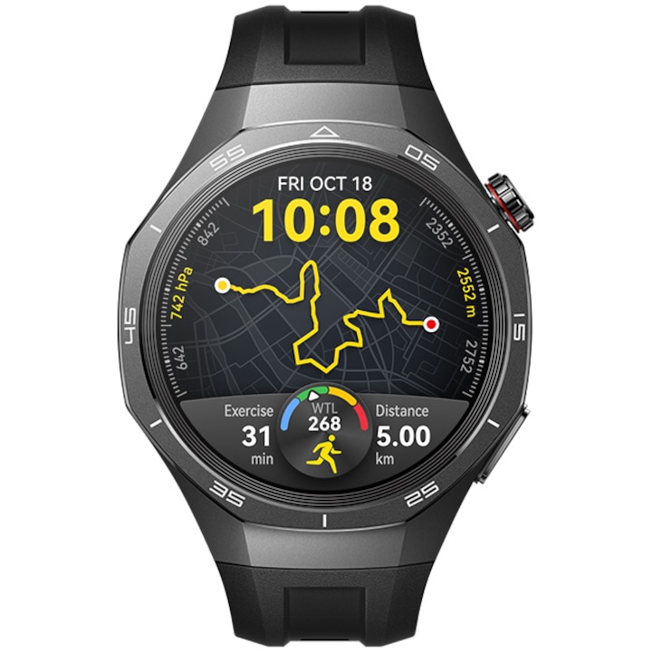 Huawei Watch GT 5 Pro okosóra, 46mm, Matt titán tok, Fekete fluoroelasztomer szíj