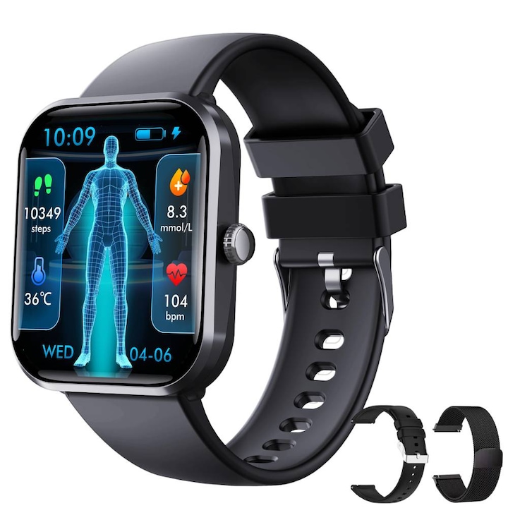 Okosóra, orvosi SpO2, vércukorszint-mérés, EKG, pulzusszám, vérzsírszint-mérés, SOS, női egészségkövetés, alvás, testhőmérséklet, Bluetooth hívás, 108 sport, IP67 vízállóság, hangasszisztens, 3D ultra-tiszta képernyő, 1.9", fekete