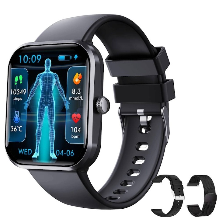 Okosóra, orvosi SpO2, vércukorszint-mérés, EKG, pulzusszám, vérzsírszint-mérés, SOS, női egészségkövetés, alvás, testhőmérséklet, Bluetooth hívás, 108 sport, IP67 vízállóság, hangasszisztens, 3D ultra-tiszta képernyő, 1.9", fekete
