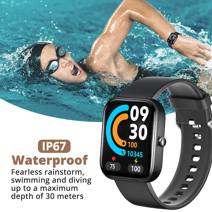 HouDeOS Sport okosóra, 2" érintőképernyő, Bluetooth 5.2, IP67, 100+ sportolási mód, GPS-rögzítés, Bluetooth-hívás, fizikai aktivitás/alvás/pulzus/oximéter/vérnyomás figyelése, fekete + kék szíj