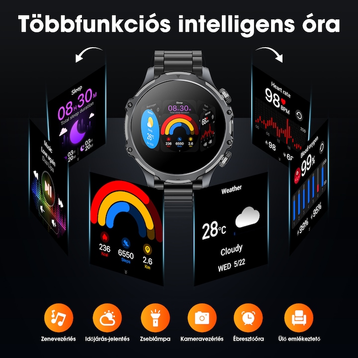 Okosóra, jiesuo, KT75 modell, 1,85" kijelző, zseblámpa, 700 mA-es akkumulátor, Bluetooth hívások, intelligens értesítések, mozgás mód, alvó üzemmód, pulzus- és oxigénfigyelés, fekete acél szíj