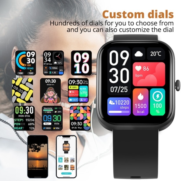 HouDeOS Sport okosóra, 2" érintőképernyő, Bluetooth 5.2, IP67, 100+ sportolási mód, GPS-rögzítés, Bluetooth-hívás, fizikai aktivitás/alvás/pulzus/oximéter/vérnyomás figyelése, fekete + kék szíj