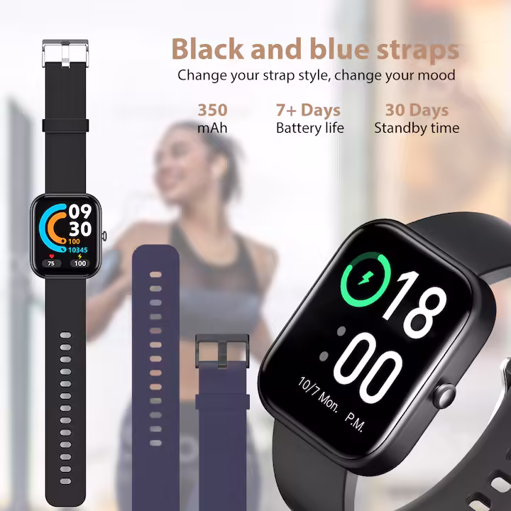 HouDeOS Sport okosóra, 2" érintőképernyő, Bluetooth 5.2, IP67, 100+ sportolási mód, GPS-rögzítés, Bluetooth-hívás, fizikai aktivitás/alvás/pulzus/oximéter/vérnyomás figyelése, fekete + kék szíj