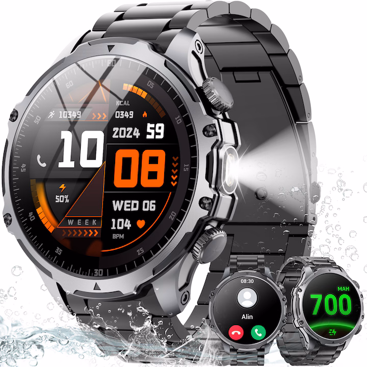 Okosóra, jiesuo, KT75 modell, 1,85" kijelző, zseblámpa, 700 mA-es akkumulátor, Bluetooth hívások, intelligens értesítések, mozgás mód, alvó üzemmód, pulzus- és oxigénfigyelés, fekete acél szíj