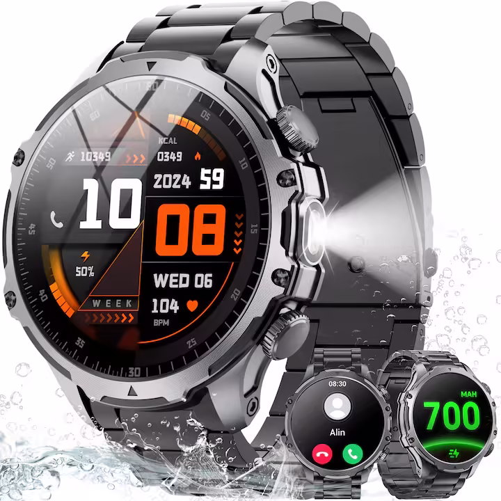Okosóra, jiesuo, KT75 modell, 1,85" kijelző, zseblámpa, 700 mA-es akkumulátor, Bluetooth hívások, intelligens értesítések, mozgás mód, alvó üzemmód, pulzus- és oxigénfigyelés, fekete acél szíj