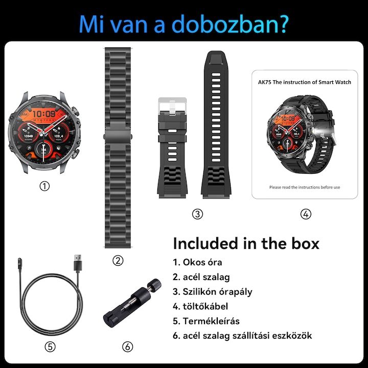 Okosóra, jiesuo, KT75 modell, 1,85" kijelző, zseblámpa, 700 mA-es akkumulátor, Bluetooth hívások, intelligens értesítések, mozgás mód, alvó üzemmód, pulzus- és oxigénfigyelés, fekete acél szíj