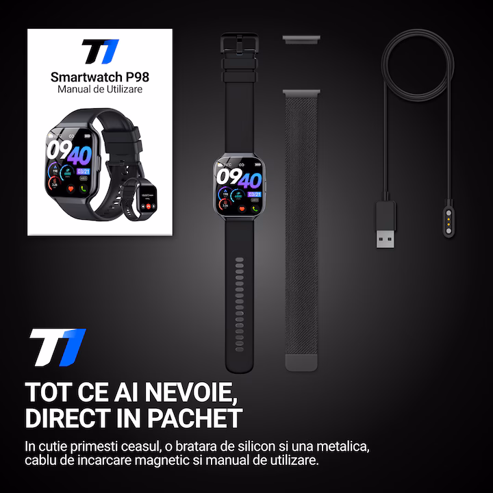 TechONE® VitaSense Pro Férfi Okosóra, 1.96 hüvelykes SUPER AMOLED, Fém, Intelligens, Fitnesz, Sport, HD Bluetooth Hívás, Multisport, Többpontos Pulzusmérés, SpO2, Vérnyomás, Oxigén, Alvás, Fém Tok, 2 Szíj, IP68, Android / iOS, Fekete