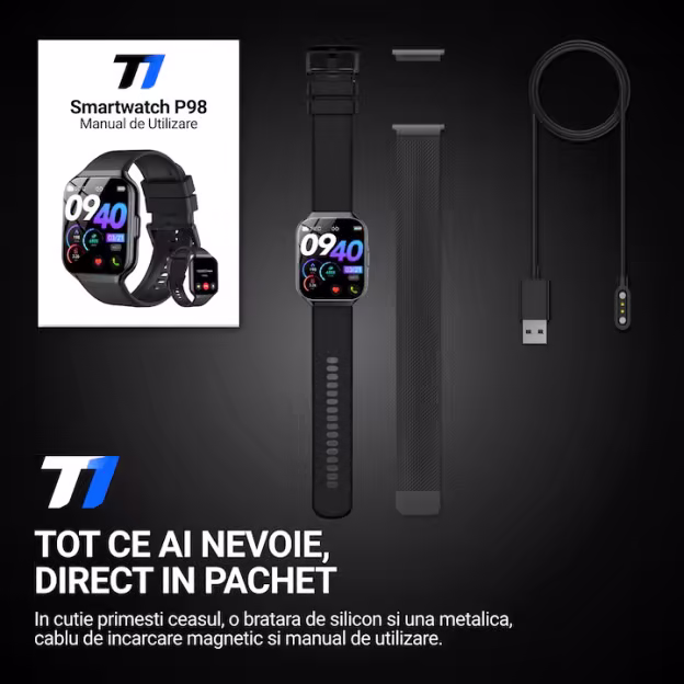 TechONE® VitaSense Pro Férfi Okosóra, 1.96 hüvelykes SUPER AMOLED, Fém, Intelligens, Fitnesz, Sport, HD Bluetooth Hívás, Multisport, Többpontos Pulzusmérés, SpO2, Vérnyomás, Oxigén, Alvás, Fém Tok, 2 Szíj, IP68, Android / iOS, Fekete