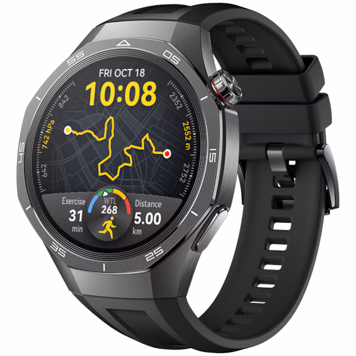 Huawei Watch GT 5 Pro okosóra, 46mm, Matt titán tok, Fekete fluoroelasztomer szíj
